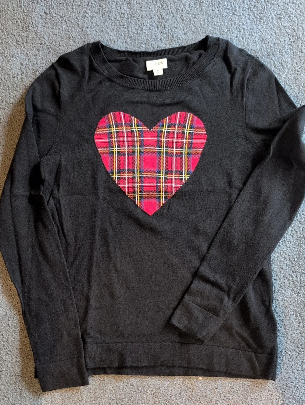J. Crew Black Crewneck Sweater with Red Plaid Heart
